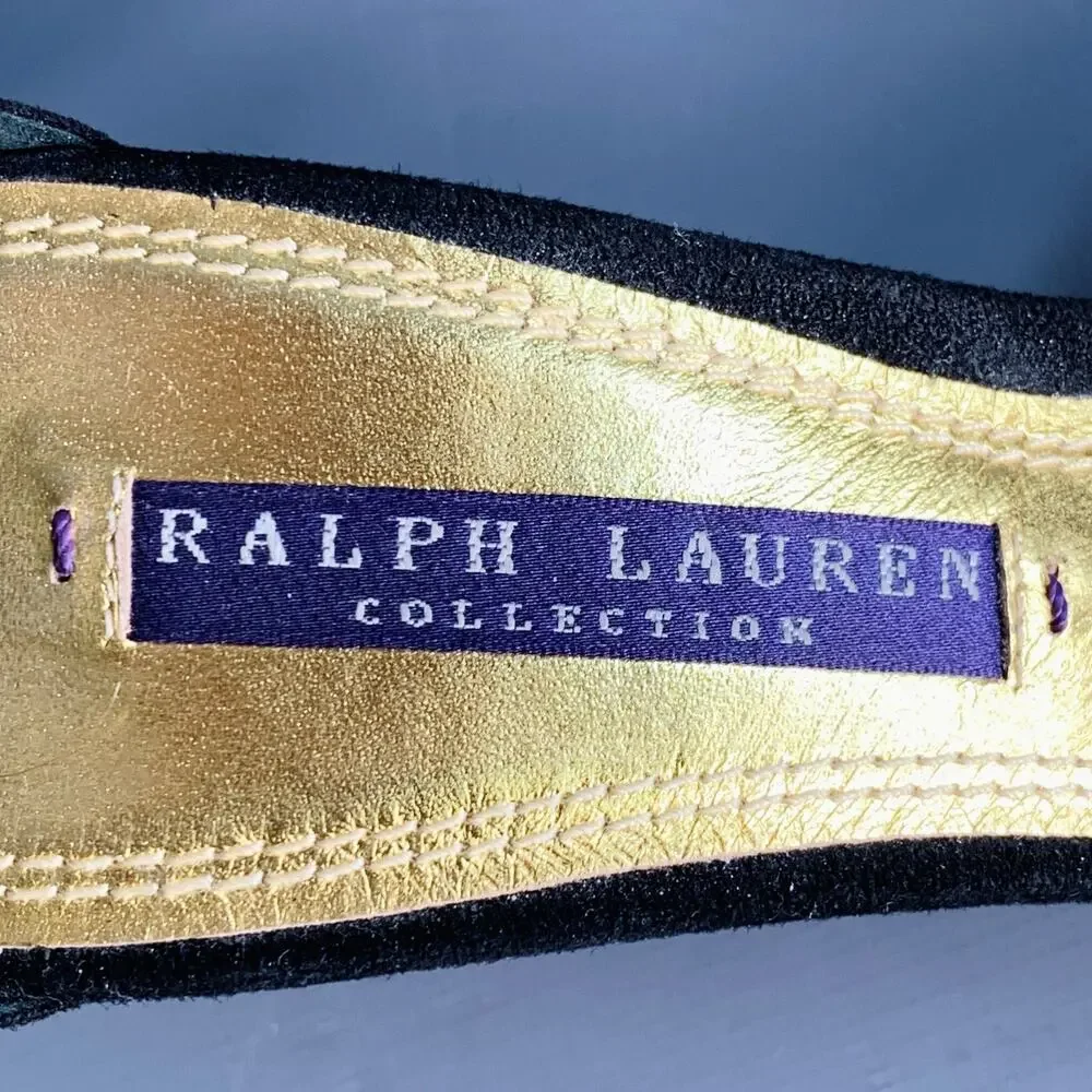 RALPH LAUREN 6 Black Metallic Gold Suede Leather Strappy Ankle Strap Sandals